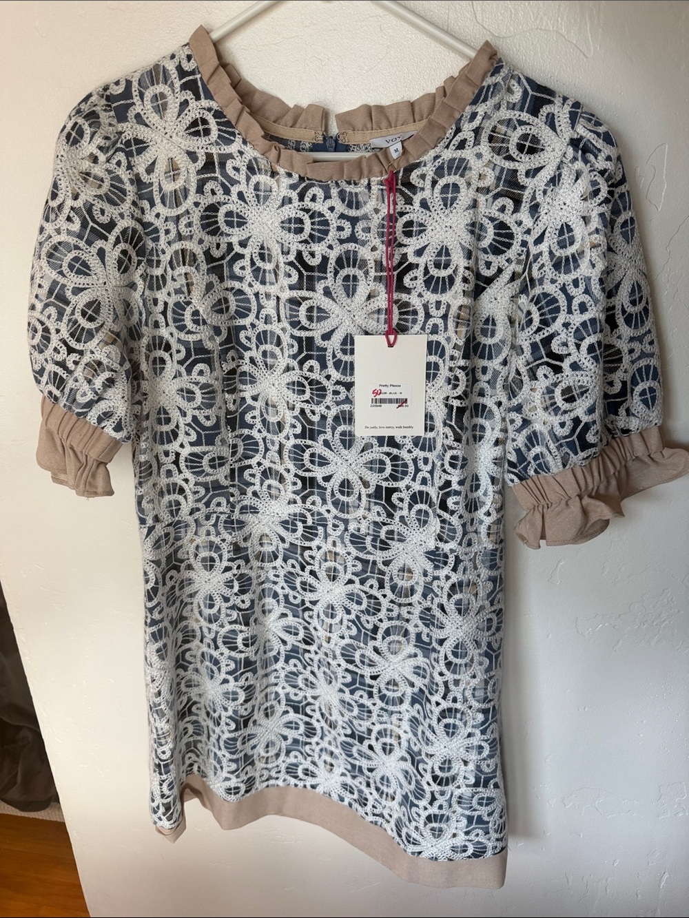 White Lace Overlay Navy Dress with Taupe Ruffle Trim. NWT